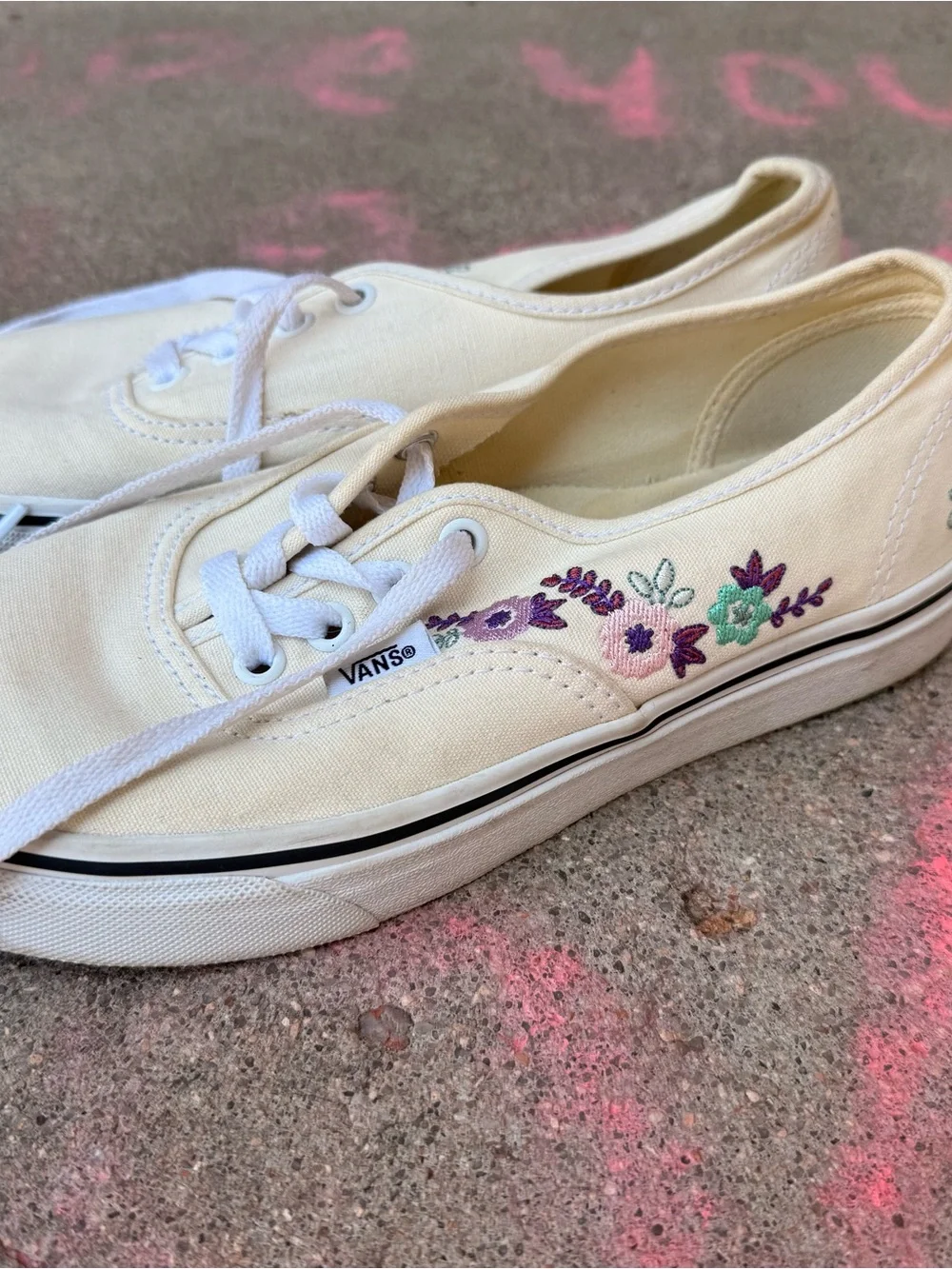 Vans Women's Cream Canvas Sneakers with Purple & Green Floral Embroidery